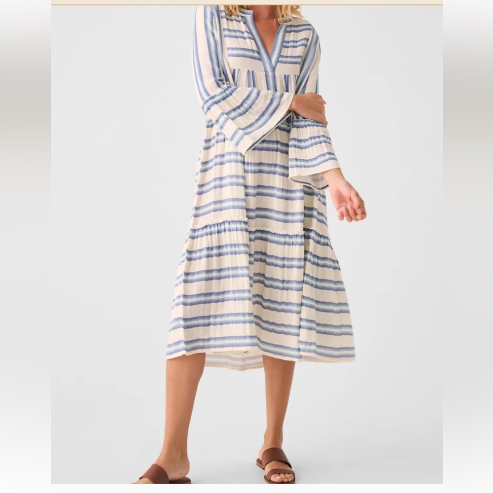 Faherty Dream Cotton Gauze Vida Midi Dress Size XS Blue Baja Stripe EUC
